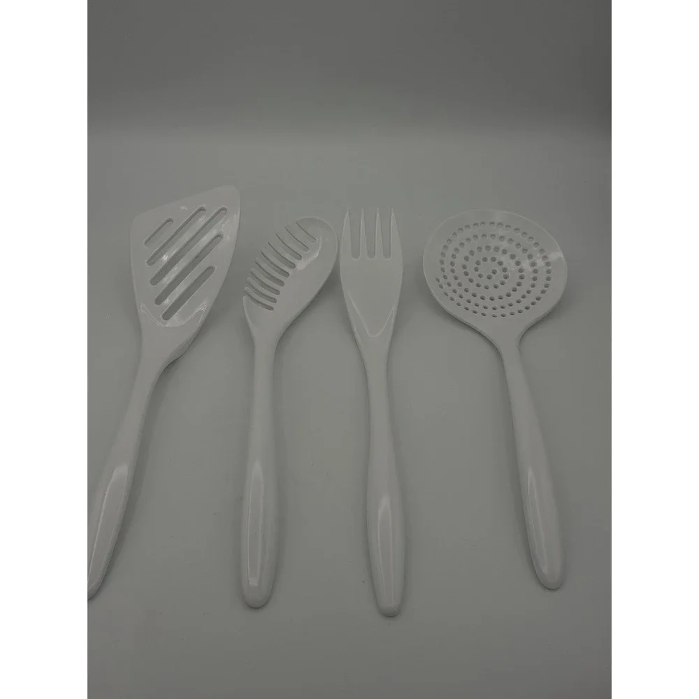 Vintage White Melamine Kitchen Utensil Set Spatula Pasta Server Fork Skimmer
